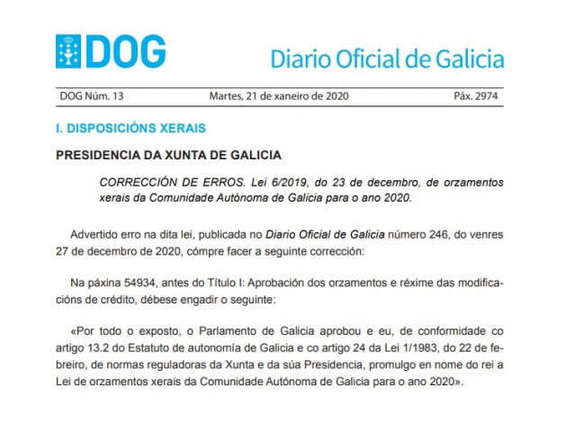 Captura de pantalla de una corrección de errores publicada en el Diario Oficial de Galicia (DOG) el martes 21 de enero.