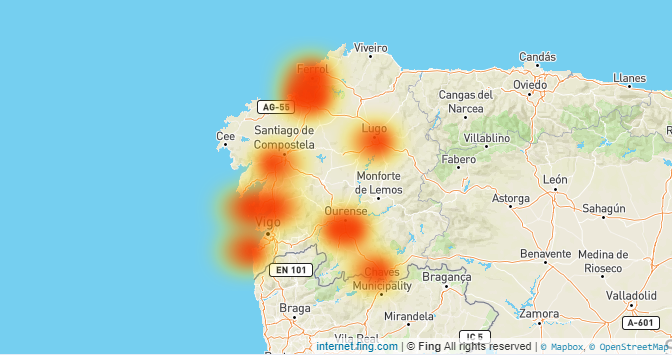 Mapaa de Fing.com que describe la cau00edda de R Cable esta mau00f1ana en Galicia