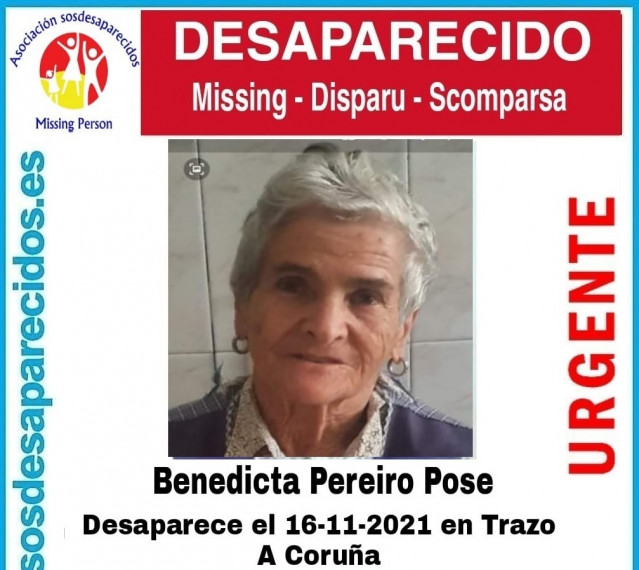 Benedicta Pereiro Pose, desparecida en Trazo (A Coruña) el 16 de noviembre